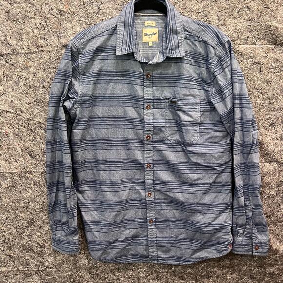 Wrangler Shirt- Men’s Large Slim Fit -Blue Horizontal Stripes -Long Sleeves - Picture 1 of 11